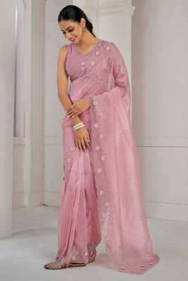 Peachmode Embroidered Bollywood Organza Saree(Orange)