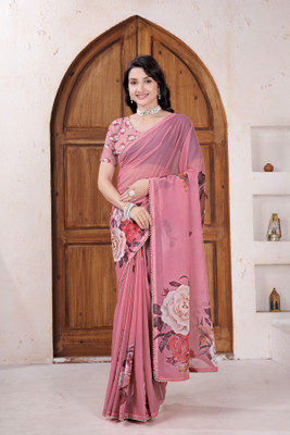 SAREES FASHION Dyed, Floral Print Daily Wear Georgette Saree(Pink)