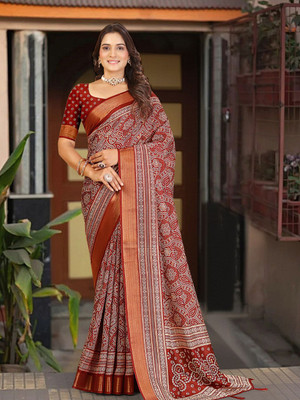 HouseOfCommon Floral Print Bandhani Art Silk Saree(Multicolor)