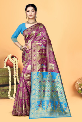 Paul Sharee Centre Embroidered Banarasi Art Silk Saree(Maroon, Blue)