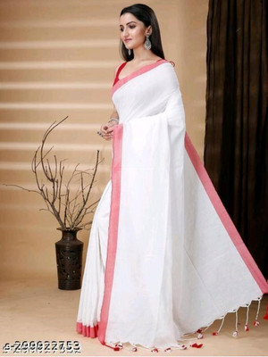 Bhadra Self Design Handloom Pure Cotton Saree(White)