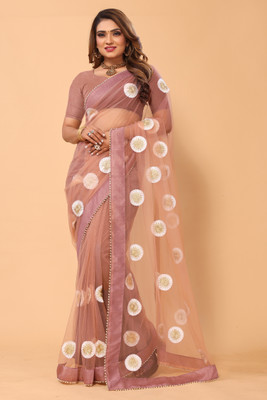 DWINIZAA STORE Embroidered Bollywood Net Saree(Beige)
