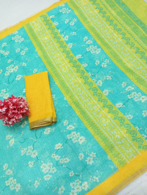 HangerStories Printed Kanjivaram Cotton Linen, Linen Saree(Light Green, Yellow)