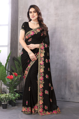 KHRITI FAB Embroidered Bollywood Georgette Saree(Black)