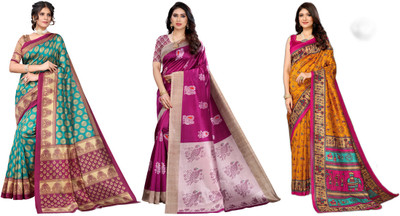 ANIRAV Printed Bollywood Art Silk Saree(Pack of 3, Blue, Purple, Yellow)