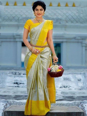 Moda Rapido Woven Daily Wear Silk Blend Saree(White)