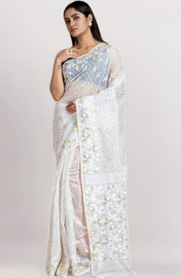 Revival Printed Jamdani Cotton Blend Saree(White)