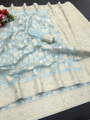 AAINA CREATION Printed Bollywood Tissue Saree(Light Blue)