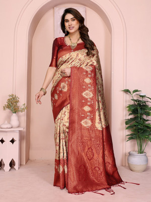 VASTUKALA Woven Kanjivaram Pure Silk, Art Silk Saree(Cream, Maroon)