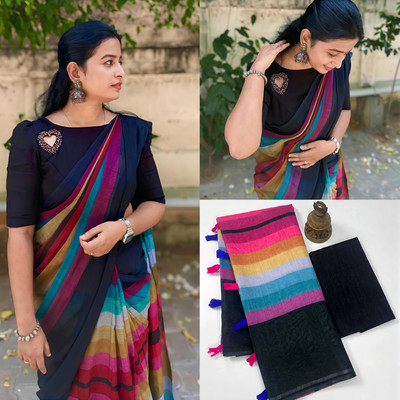 Marabout Digital Print Bollywood Cotton Linen Saree(Black)