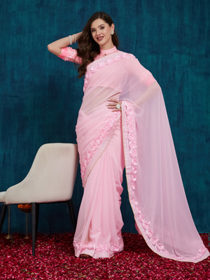 Tasrika Solid/Plain Bollywood Georgette Saree(Red)