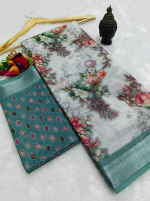 ASHTA Geometric Print Kanjivaram Linen Saree(Multicolor)
