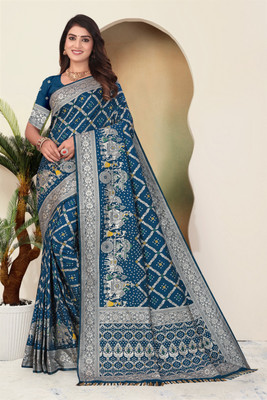 SuratSareeMall Woven, Geometric Print Banarasi Nylon Saree(Blue)