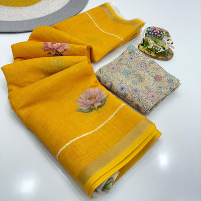 Arya tex Floral Print, Printed, Striped Pochampally Linen Saree(Yellow)