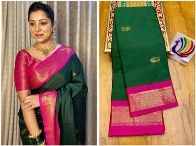 Fab Silk Woven Paithani Cotton Silk Saree(Green, Pink)