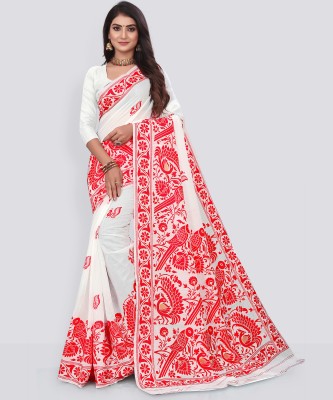 Twixxle Woven Jamdani Cotton Blend Saree(White)