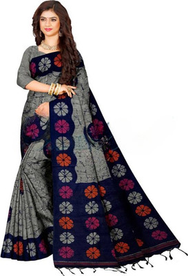 Joyguru Textile Printed Handloom Cotton Blend Saree(Grey)