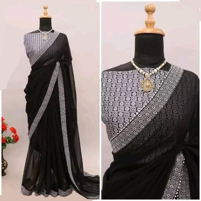 OKTAT Solid/Plain Bollywood Georgette Saree(Black)