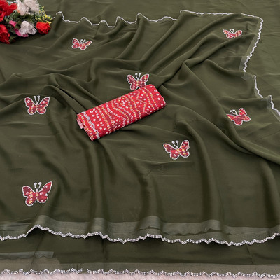 Ethina Fashion Embroidered Bollywood Georgette Saree(Light Green)