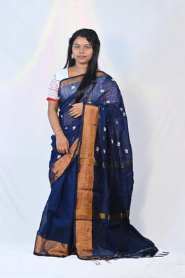 Ahana Textile Solid/Plain Handloom Cotton Linen Saree(Dark Blue)