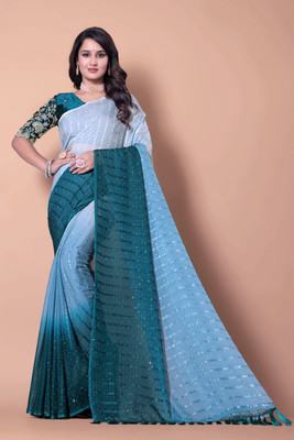 ABSilk Embellished Assam Silk Georgette Saree(Light Blue, Light Green)
