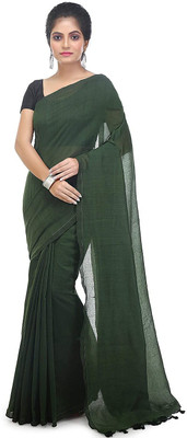 Joyguru Textile Self Design Handloom Pure Cotton Saree(Dark Green)