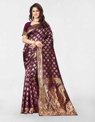 Samah Woven, Self Design Banarasi Art Silk Saree(Purple, Gold)