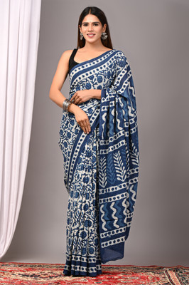 Taavi Blocked Printed Daily Wear Pure Cotton Saree(Blue)