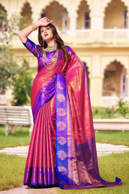 LAVYANSH CREATION Woven, Self Design Banarasi Silk Blend, Jacquard Saree(Pink)