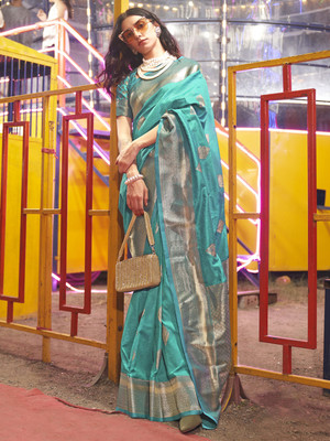 all about you Woven Banarasi Silk Blend Saree(Light Blue)