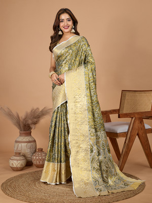STYALY Woven Banarasi Silk Blend Saree(Green, Gold)