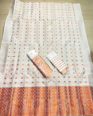 Cashing Fashion Woven Mekhela Chador Cotton Blend Saree(White)