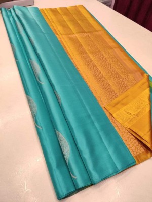 Nimidiya Woven Kanjivaram Pure Silk, Art Silk Saree(Light Blue, Mustard)