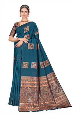 BuyNests Woven, Paisley, Self Design Kanjivaram Silk Blend Saree(Dark Blue)