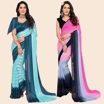 kashvi sarees Striped Bollywood Satin Saree(Pack of 2, Dark Blue, Light Blue, Pink, Black)