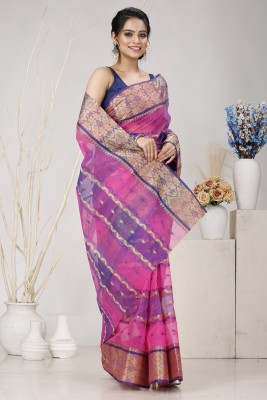 PuJoy Embellished Tant Pure Cotton Saree(Purple)