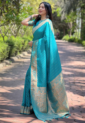 all about you Woven Banarasi Silk Blend Saree(Blue)