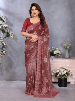 HouseOfCommon Embroidered Bollywood Chiffon Saree(Brown)