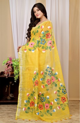 PuJoy Hand Painted, Paisley, Self Design, Woven Handloom Cotton Blend Saree(Yellow)