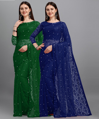 LOROFY Self Design Bollywood Net Saree(Pack of 2, Green, Blue)