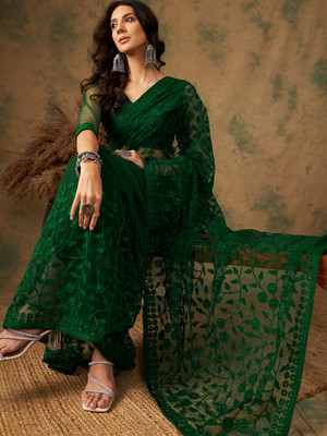 Divastri Embroidered Chanderi Net Saree(Green)