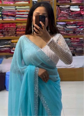 PMD Fashion Solid/Plain, Self Design Bollywood Georgette Saree(Light Blue)