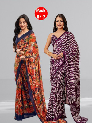 Falessa Floral Print, Printed Bollywood Georgette Saree(Pack of 2, Purple, Multicolor)