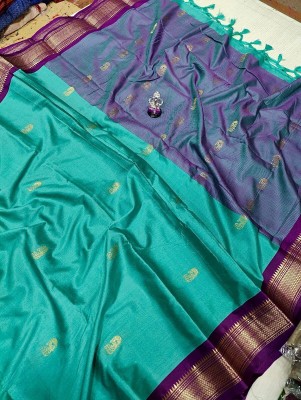 Fab Silk Embroidered Paithani Cotton Silk Saree(Light Blue, Pink)