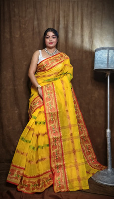 KhayaFashion Woven Tant Pure Cotton Saree(Yellow)