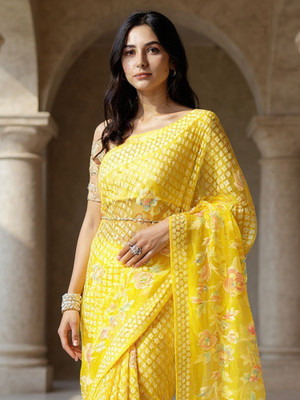 Sareemall Printed Bollywood Brasso Saree(Yellow)