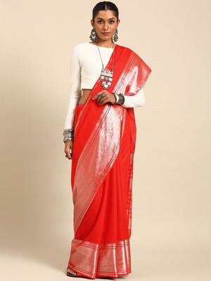 Taavi Self Design Handloom Silk Blend Saree(Red)