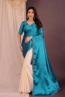 Moda Repido Embellished Bollywood Satin Saree(Light Blue)