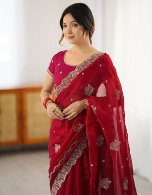 Satrani Embellished, Embroidered Bollywood Jimmy choo, Chiffon Saree(Red)