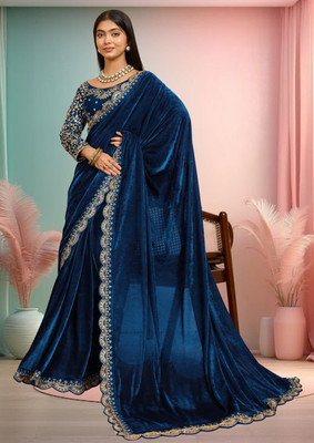 hutah Self Design, Embroidered Bollywood Velvet Saree(Light Blue)